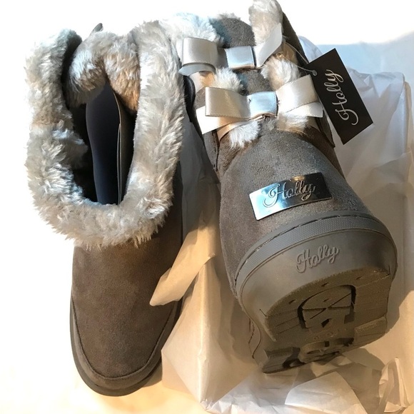 🌙 NWT ADORABLE GREY FUR LINED BOOTS WITH BOW BACKS SIZE 9 BY “HOLY” - Picture 5 of 11